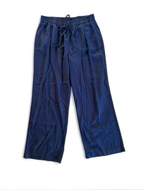 Navy blue linen drawstring flowy pants with elastic waist